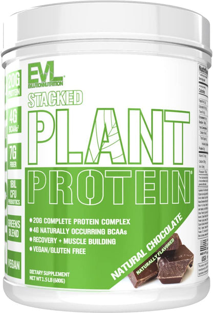 Evlution Nutrition Stacked Plant Protein Powder, Vegan, Non-GMO, Gluten-Free, Probiotics, BCAAs, Fiber, Complete Plant-Based Protein Complex, 1.5 LB (Natural Chocolate) EVLUTION NUTRITION