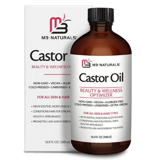 100% Pure Castor Oil 500mL - Hexane Free Cold Pressed Castor Oil in Glass Bottle for Hair Skin & Body Nourishment - Extra Large Unrefined Castor Oil for Hair Lashes Brows Skin and Detox Practices M3 Naturals