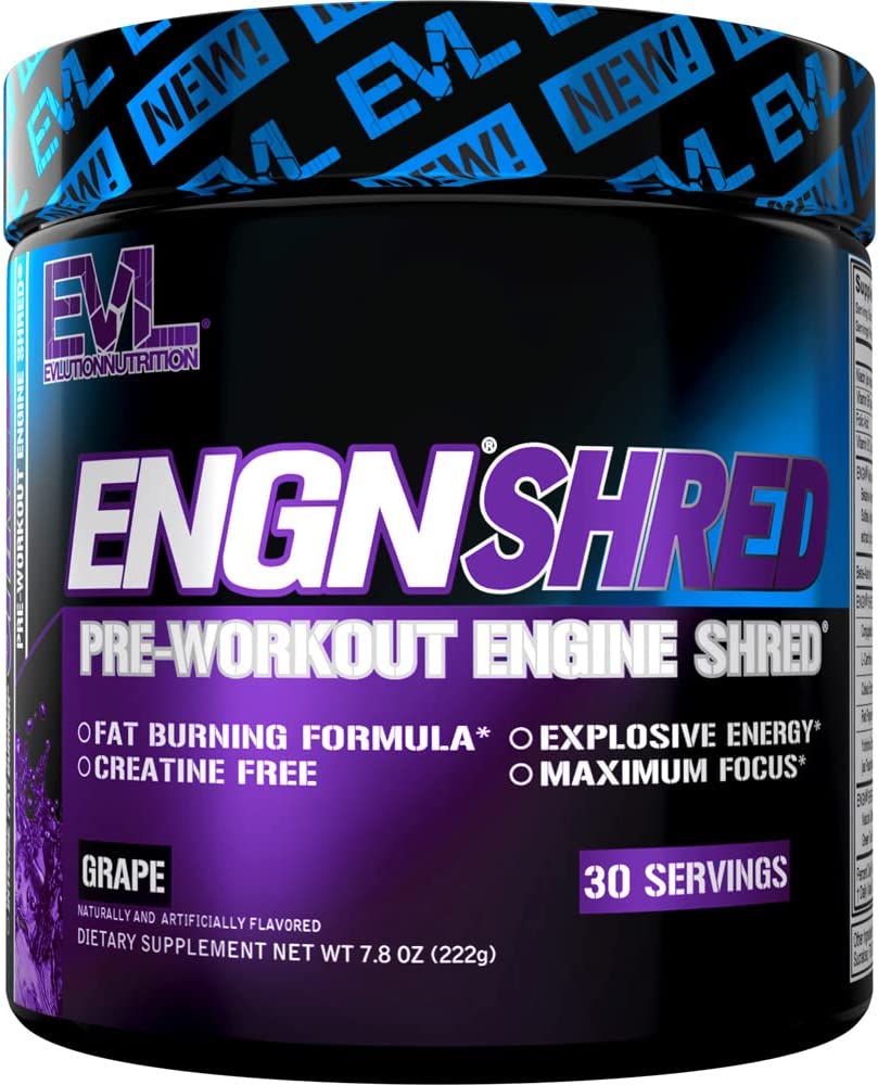 EVL Ultimate Pre Workout Powder - Thermogenic Fat Burner Preworkout Powder Drink for Lasting Energy Focus and Stamina - ENGN Shred Intense Fat Burning Creatine Free Preworkout Drink - Grape EVLUTION NUTRITION