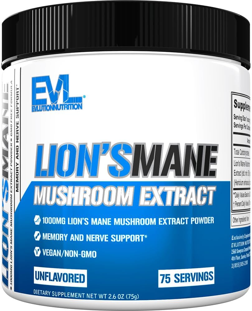 Lion’s Mane Mushroom Supplement - Lion’s Mane Mushroom Powder Nootropics Brain Support Supplement for Focus Memory Clarity and Immunity Support Nutrition Lion’s Mane Supplement EVLUTION NUTRITION