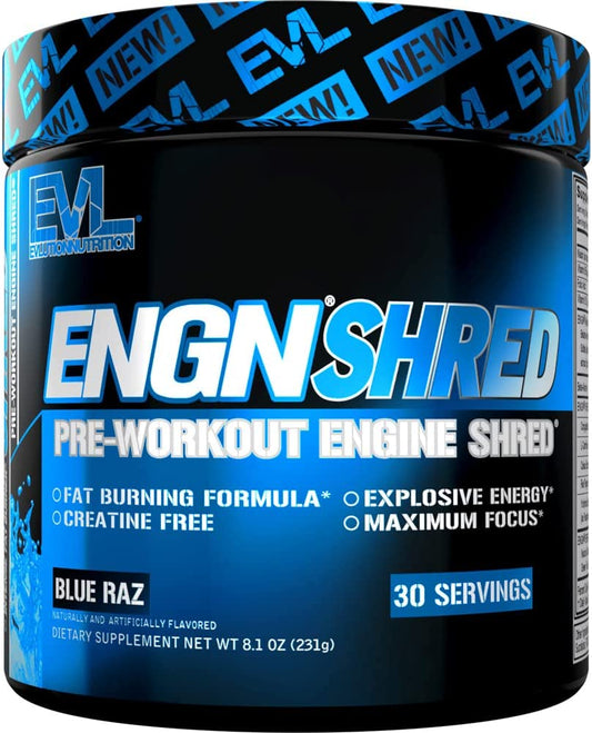 EVL Ultimate Pre Workout Powder - Thermogenic Fat Burner Preworkout Powder Drink for Lasting Energy Focus and Stamina - ENGN Shred Intense Fat Burning Creatine Free Preworkout Drink - Blue Raz EVLUTION NUTRITION