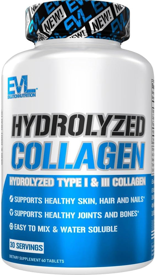 Evlution Nutrition Hydrolyzed Collagen - 1400mg Hydrolyzed Type I & III Collagen - Joint + Bone Support - Skin + Hair + Nail Supplement - Keto + Paleo - 30 Servings EVLUTION NUTRITION