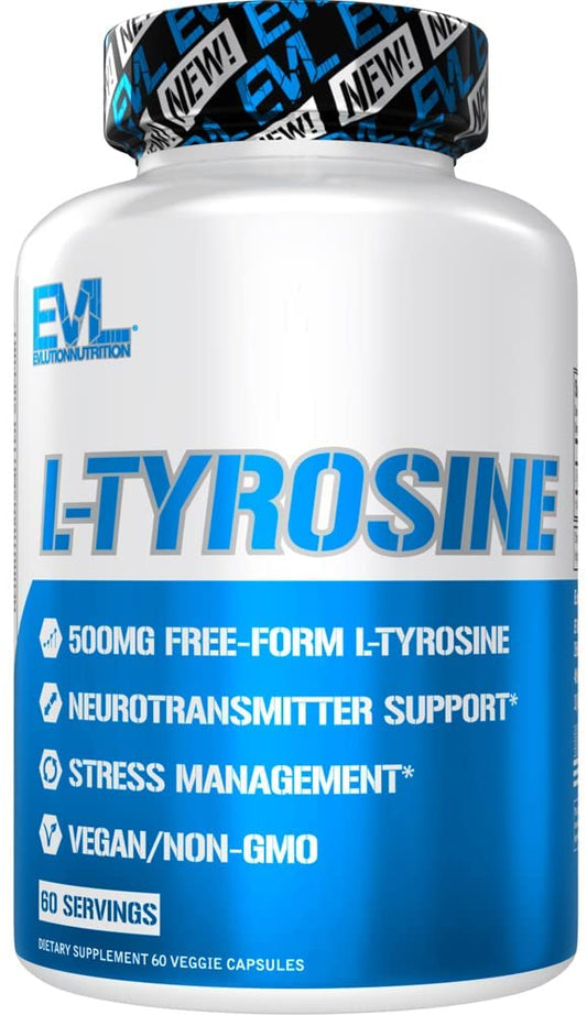 Evlution Free Form L Tyrosine 500mg Capsules Nutrition L-Tyrosine Supplement Amino Acid for Energy Focus and Mood Support - Nootropic Brain Support Supplement for Cognitive Performance - 60 Servings EVLUTION NUTRITION