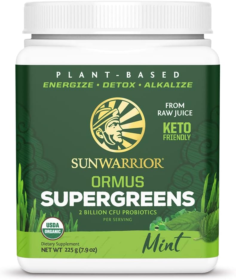 Sunwarrior Vegan Organic Greens Probiotic Powder | 2 Billion CFU Probiotics Organic Raw Juice Soy Free Gluten Free Dairy Free Sugar Free Kosher | Mint 45 Servings | Ormus Supergreens Sunwarrior