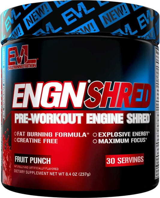 EVL Ultimate Pre Workout Powder - Thermogenic Fat Burner Preworkout Powder Drink for Lasting Energy Focus and Stamina - ENGN Shred Intense Fat Burning Creatine Free Preworkout Drink - Fruit Punch EVLUTION NUTRITION