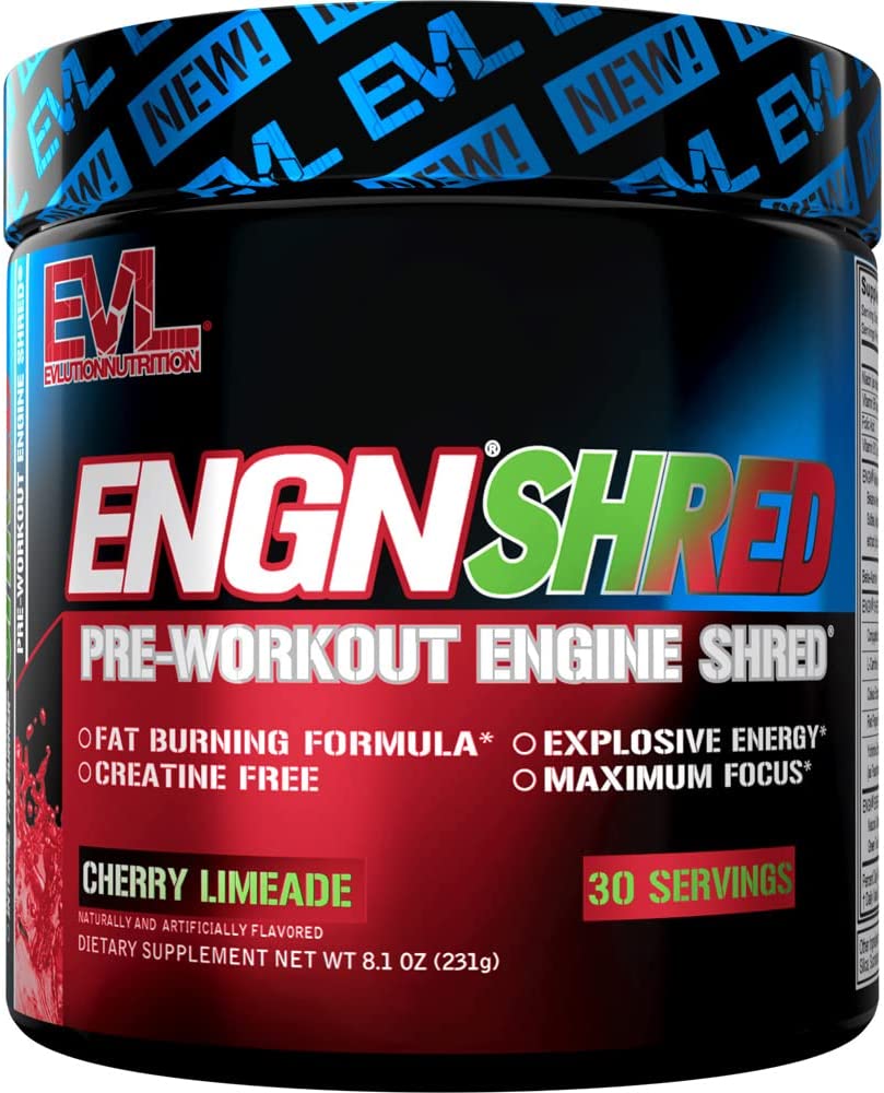 EVL Ultimate Pre Workout Powder - Thermogenic Fat Burner Preworkout Powder Drink for Lasting Energy Focus and Stamina - ENGN Shred Intense Fat Burning Creatine Free Preworkout Drink - Cherry Limeade EVLUTION NUTRITION