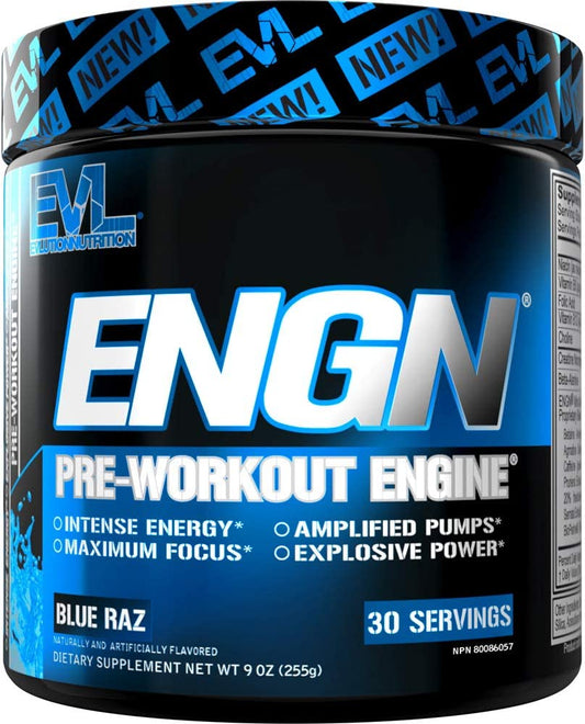 EVL Intense Pre Workout with Creatine - Pre Workout Powder Drink for Lasting Energy Focus and Recovery - ENGN Energizing Pre Workout for Men with Beta Alanine Caffeine and L Theanine (Blue Raz) EVLUTION NUTRITION