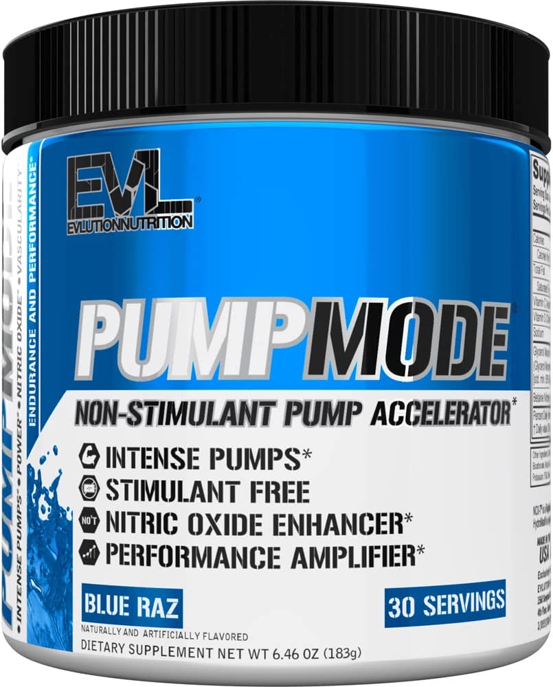 EVL PumpMode Nitric Oxide Supplement - Nitric Oxide Booster Pump Pre Workout Powder with Glycerol and Betaine for Muscle Recovery Growth and Endurance - Stim Free Pre Workout Drink (Blue Raz) EVLUTION NUTRITION