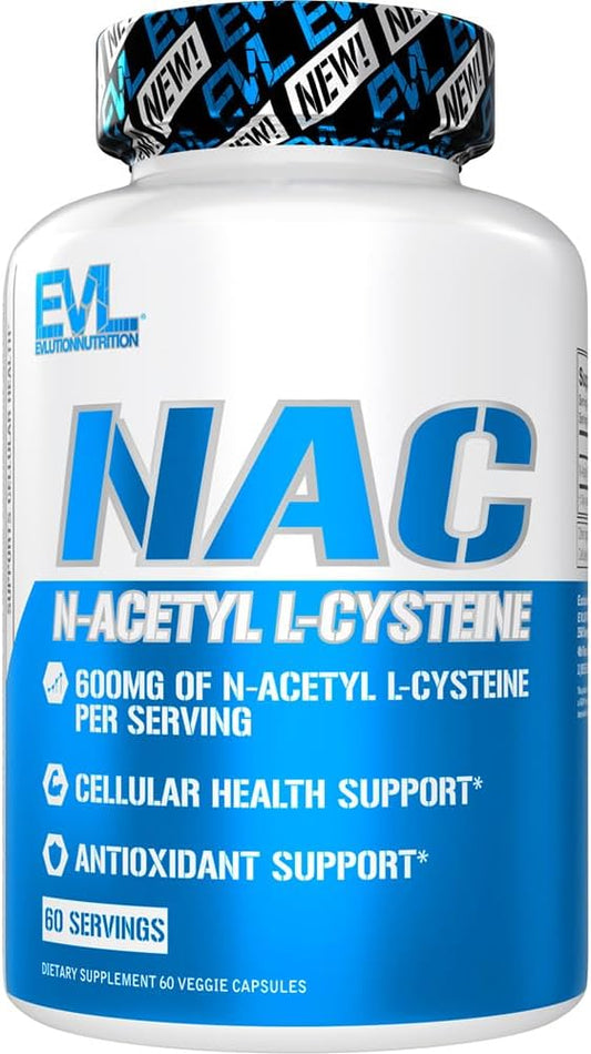 Evlution Nutrition NAC N-Acetyl L-Cysteine - 600mg N-Acetyl L-Cysteine Per Serving - Antioxidant Support - Health Support - Dietary Supplement - Vegan & Gluten Free - 60 Veggie Capsules - 60 Servings EVLUTION NUTRITION