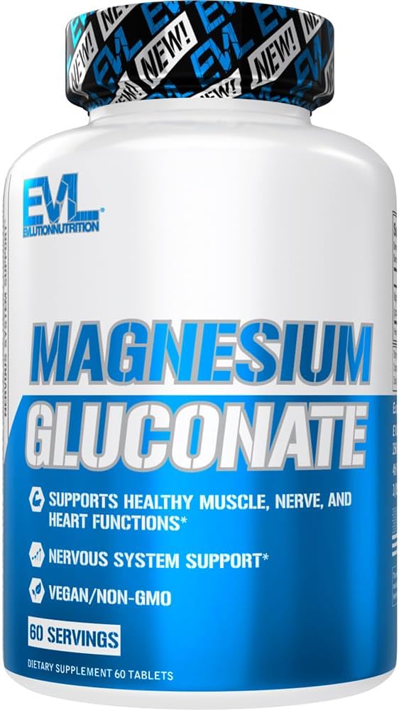 Evlution Nutrition Magnesium Gluconate - Muscle + Nerve + Heart Health Supplement - Nervous System Support - Vegan & Non-GMO - 60 Servings EVLUTION NUTRITION