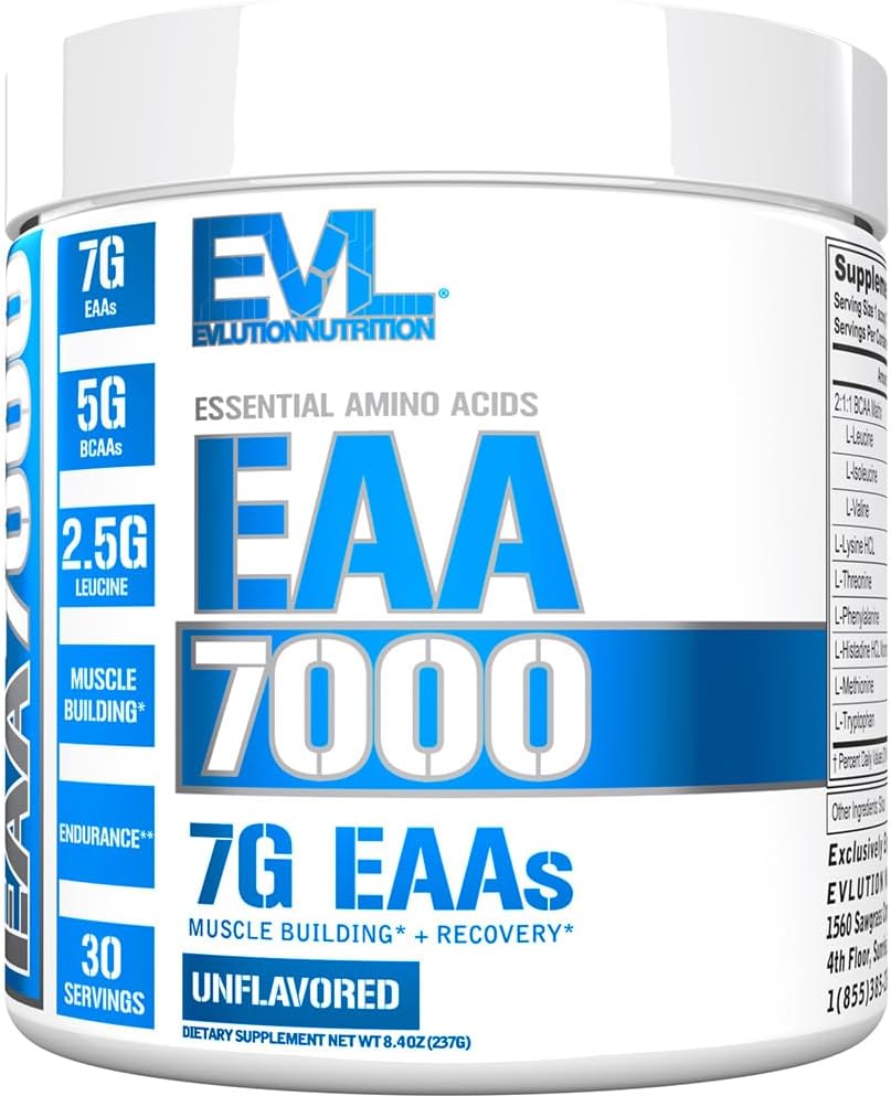 Evlution Nutrition EAA7000 - Pre & Post Workout Powder - Muscle Building + Recovery Supplement - 7g Essential Amino Acids + 5g BCAAs - Endurance + Energy Support - 30 Servings - Unflavored EVLUTION NUTRITION