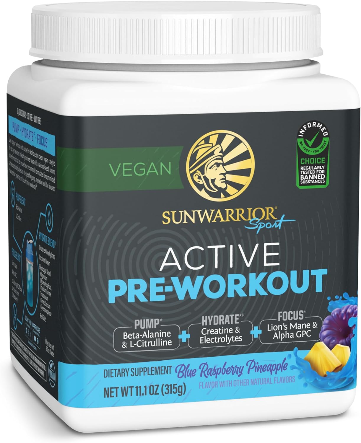 Pre Workout Powder Energy Drink | Vegan, Plant-Based, Pre-Workout Supplement | Pump, Hydrate, Focus, Endurance, & Strength Builder | Blue Raspberry Pineapple Flavored | 30 Servings | Active Preworkout Sunwarrior