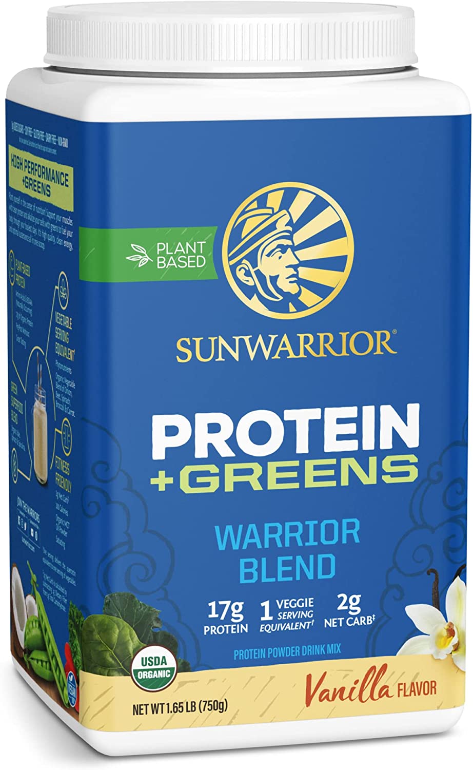 Vegan Protein Powder with BCAA | Organic Hemp Seed Protein Gluten Free Non-GMO Dairy Free Soy Sugar Free Low Carb Plant Based Protein Powder | Vanilla 30 Servings 750 G | Warrior Blend Plus Greens Sunwarrior