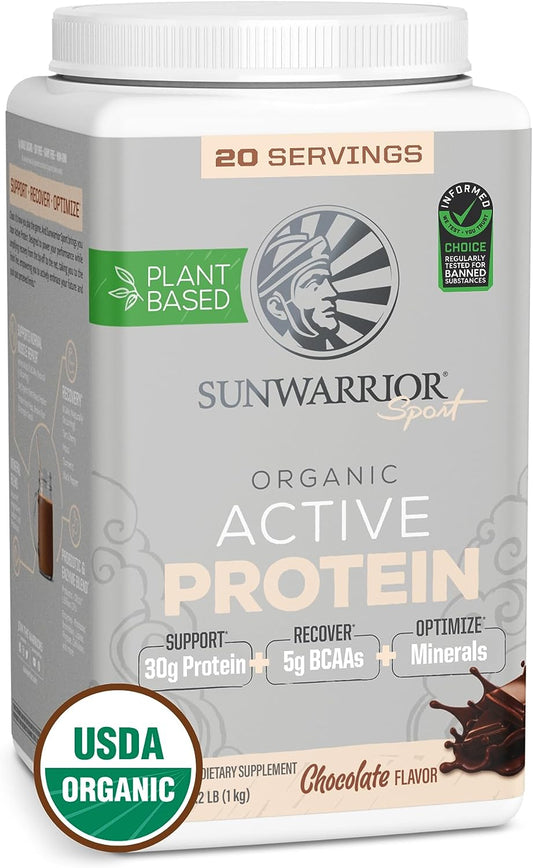 Vegan Protein Powder USDA Organic | BCAA Sugar Free Gluten Free Non-GMO Dairy Free | Chocolate 20 Servings | Sport Organic Active Protein Sunwarrior