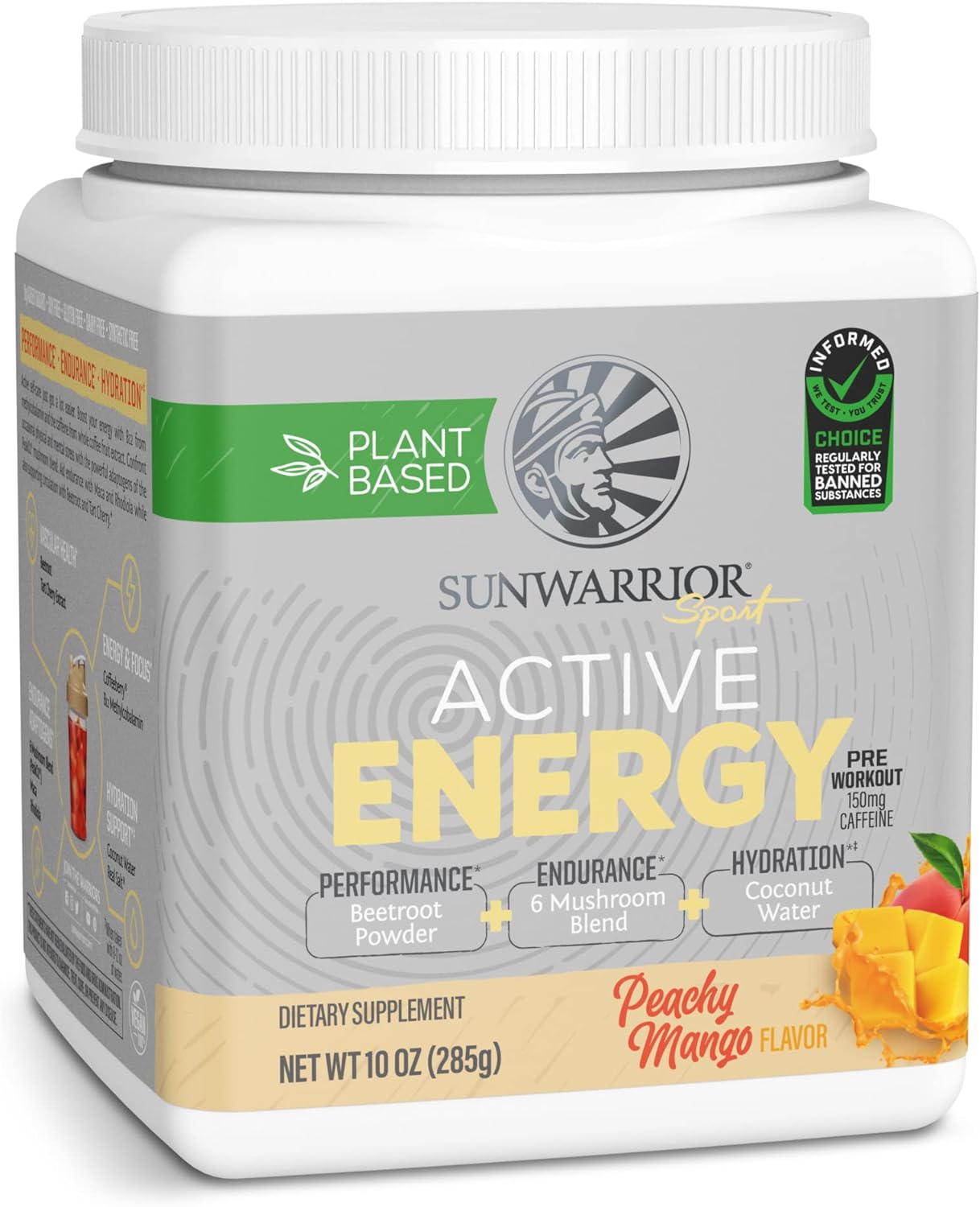 Plant-Based Preworkout Powder Hydration Blend | Coconut Water Mushroom Blend Soy Free Sugar Free Gluten Free Dairy Free Synthetic Free | Peach Mango 30 Servings | Sport Active Energy Sunwarrior