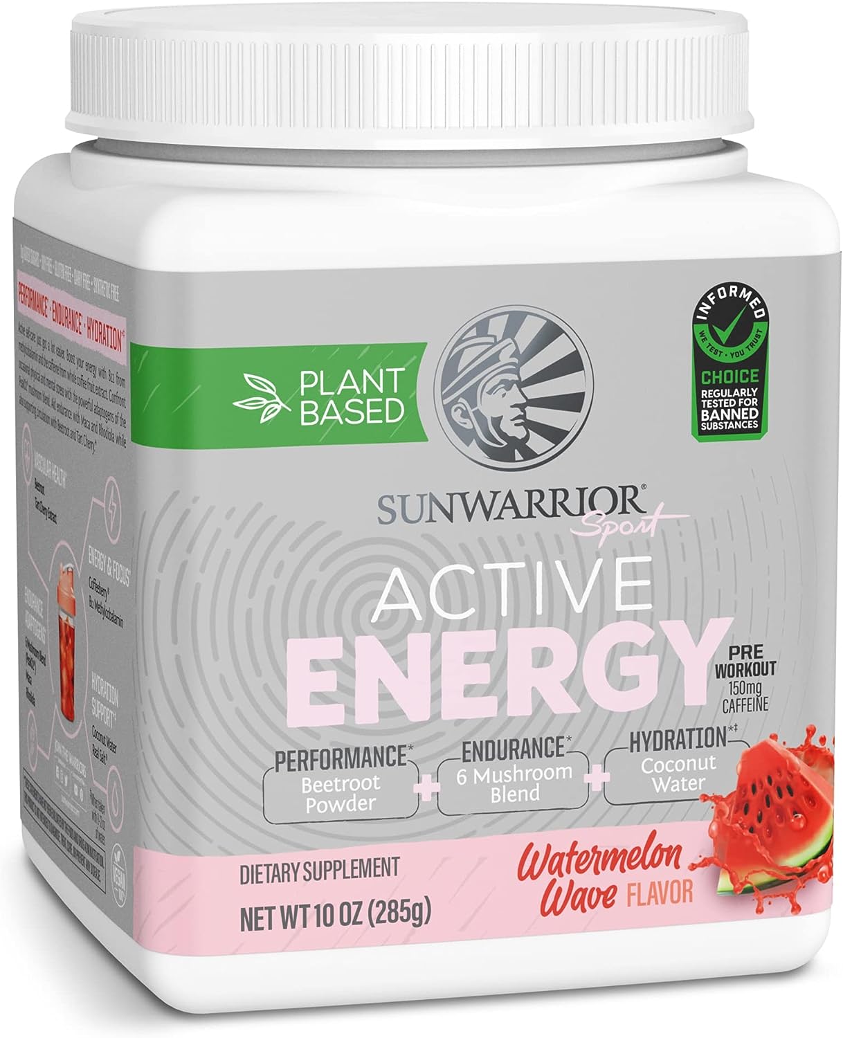 Plant-Based Preworkout Powder Hydration Blend | Coconut Water Mushroom Blend Soy Free Sugar Free Gluten Free Dairy Free Synthetic Free | Watermelon Wave 30 Servings | Sport Active Energy Sunwarrior