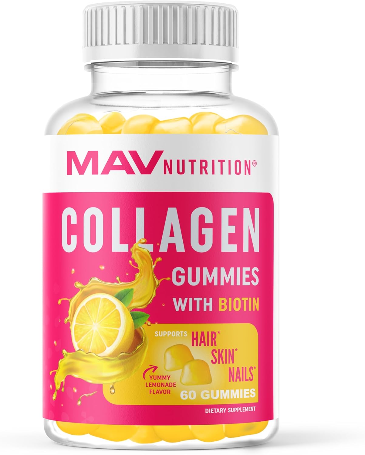 Collagen Gummies for Women with Biotin | Hair Growth, Skin, Strong Nails | 200mg Hydrolyzed Collagen + 2500mcg Biotin, Vitamin C, E & Zinc | Anti-Aging Supplements | Lemonade Flavor | Non-GMO 60ct MAV Nutrition