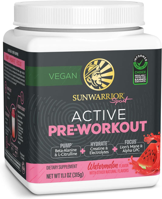 Pre Workout Powder Energy Drink Supplement | Clean Vegan Plant-Based Pre-Workout Supplement | Pump, Hydrate, Focus, Endurance & Strength Builder | Watermelon Flavored | 30 Servings | Active Preworkout Sunwarrior