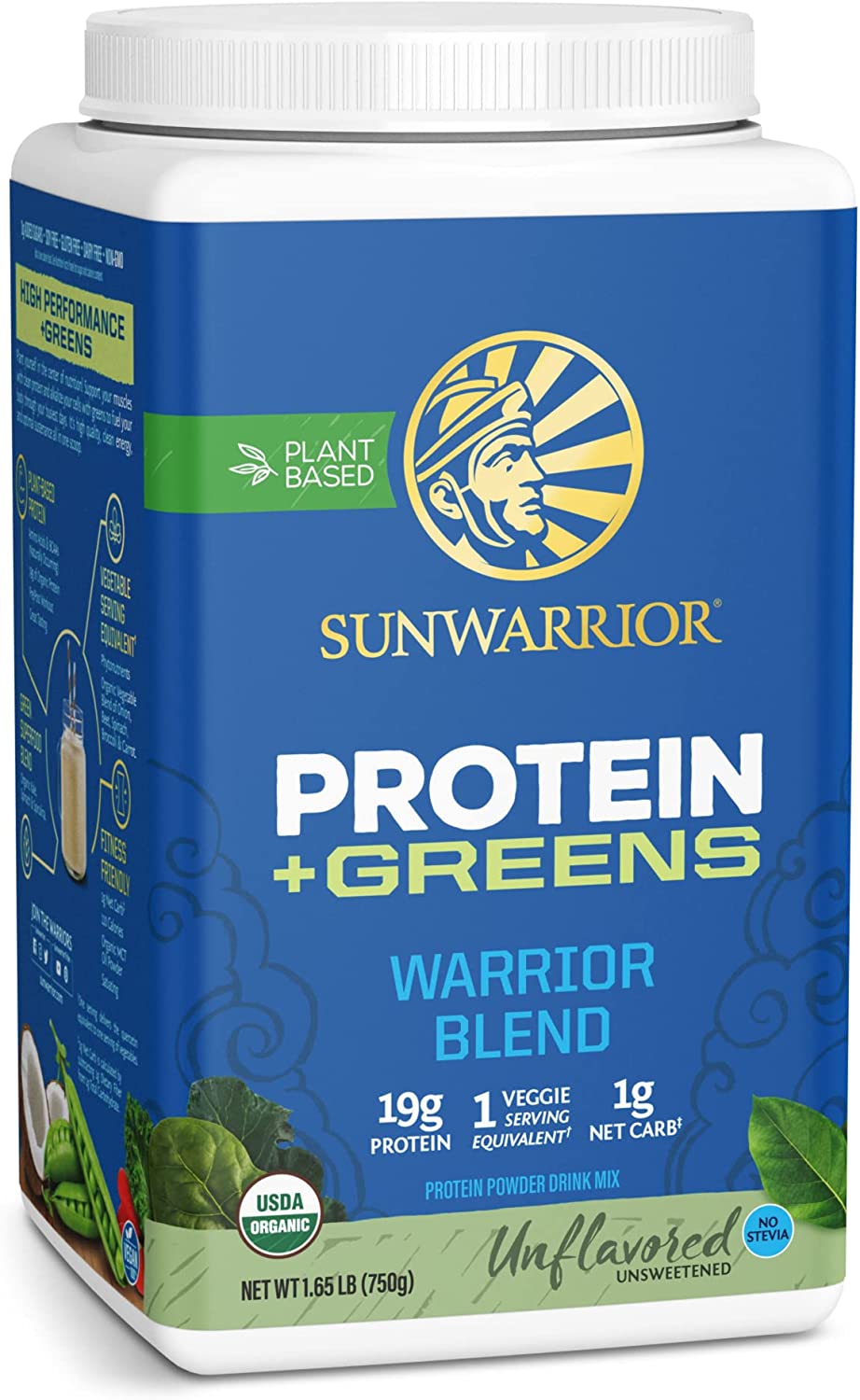 Vegan Protein Powder with BCAA | Organic Hemp Seed Protein Gluten Free Non-GMO Dairy Free Soy Sugar Free Low Carb Plant Based Protein Powder | Unflavored 30 Servings 750 G | Warrior Blend Plus Greens Sunwarrior