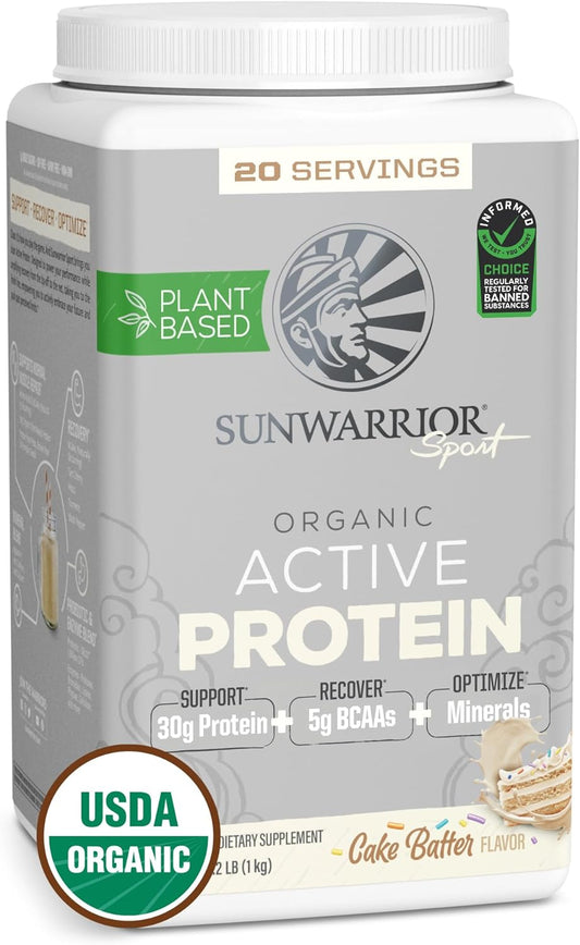 Sunwarrior Vegan Protein Powder USDA Organic Protein Powder Blend| Plant-Based BCAA Sugar Free Gluten Free Non-GMO Dairy Free | Cake Batter Flavored 20 Servings | Sport Organic Active Protein Sunwarrior