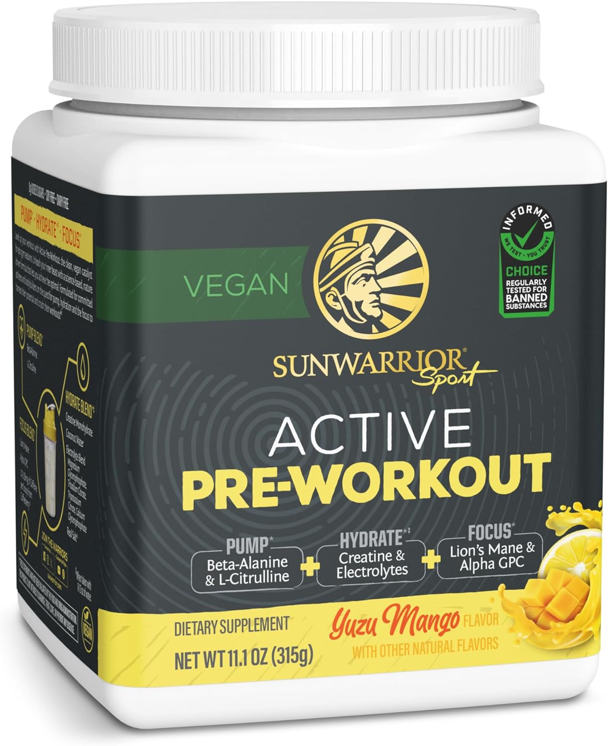 Sunwarrior Pre Workout Powder Energy Drink | Vegan, Plant-Based, Pre-Workout Supplement | Pump, Hydrate, Focus, Endurance, & Strength Builder | Yuzu Mango Flavored | 30 Servings | Active Preworkout Sunwarrior