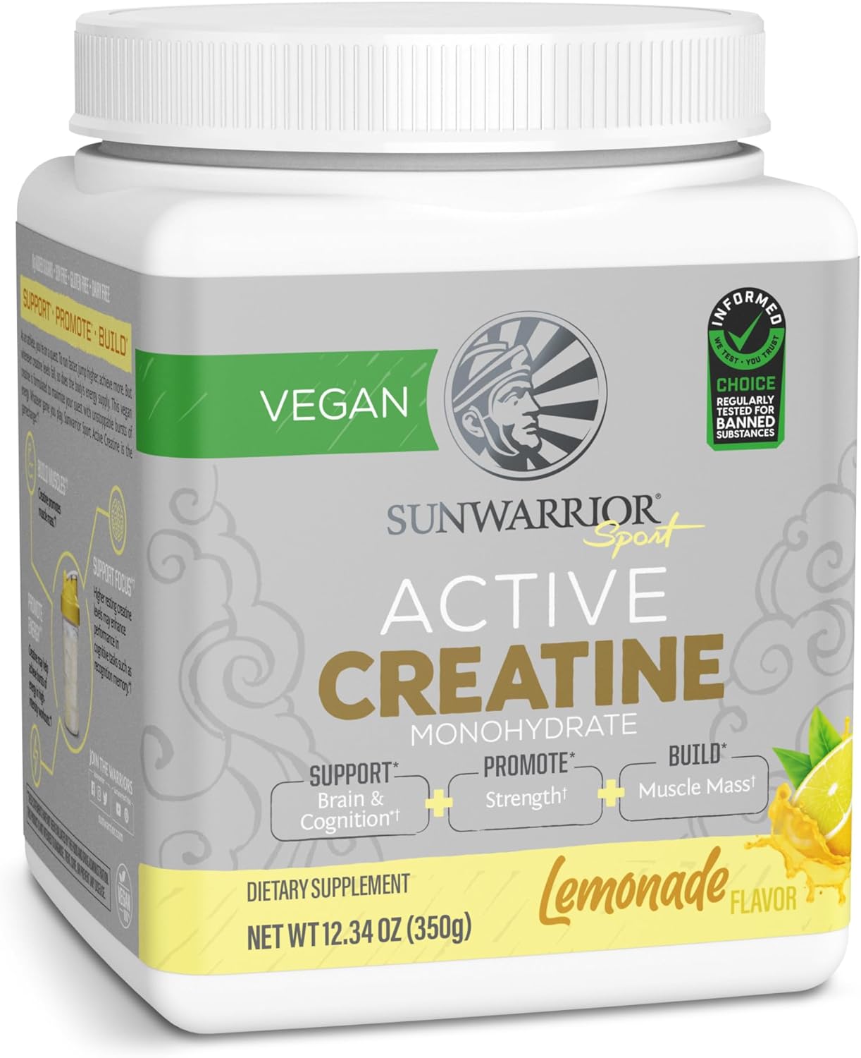 Sunwarrior Creatine Monohydrate Powder | Muscle Building Strength Training Pre Workout & Recovery | Vegan & Keto Friendly Micronized & Easily Mixes 350g Tub (50 Servings) Lemonade Active Creatine Sunwarrior