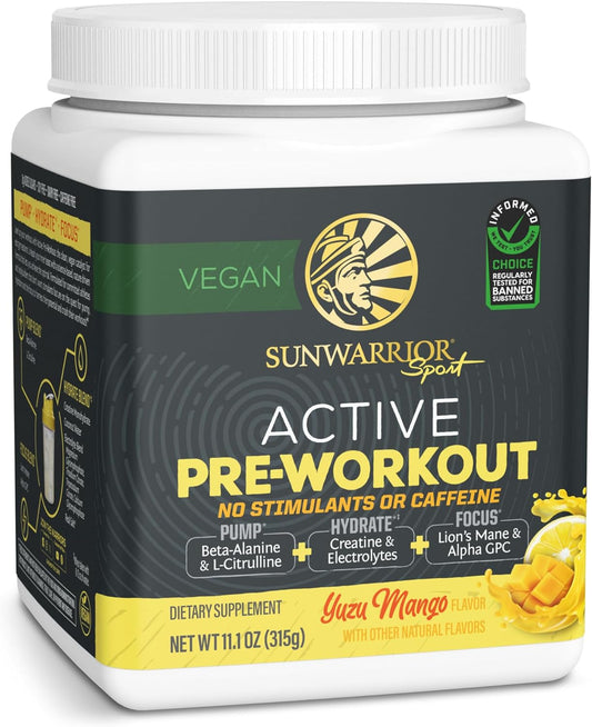 Pre Workout Powder Energy Drink Non-Stim & Caffeine Free | Vegan Plant-Based Pre-Workout Supplement | Pump Hydrate Focus Endurance & Strength Builder | Yuzu Mango Flavored 30 Serving Active Preworkout Sunwarrior