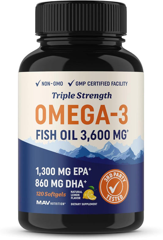 Triple Strength Omega 3 Fish Oil | 3600 mg EPA & DHA | Over 2100mg of Omega 3 Fatty Acids | 1300mg EPA + 860mg DHA | Best Essential Fatty Acids | Premium Burpless Softgel Supplements (120 Ct) MAV Nutrition