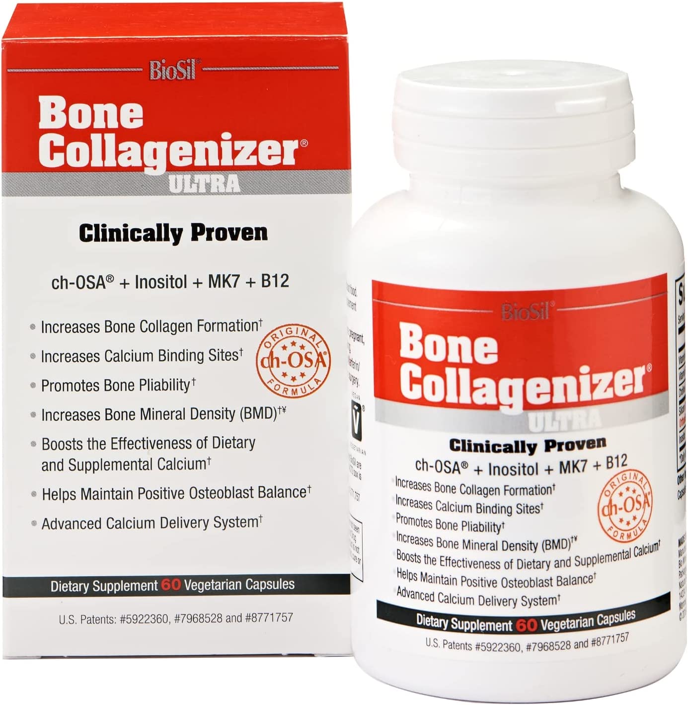 BioSil Bone Collagenizer Ultra - 60 Veggie Capsules - with Patented ch-OSA Complex + Choline, Inositol, MK7 & Vitamin B12 - GMO Free Biosil