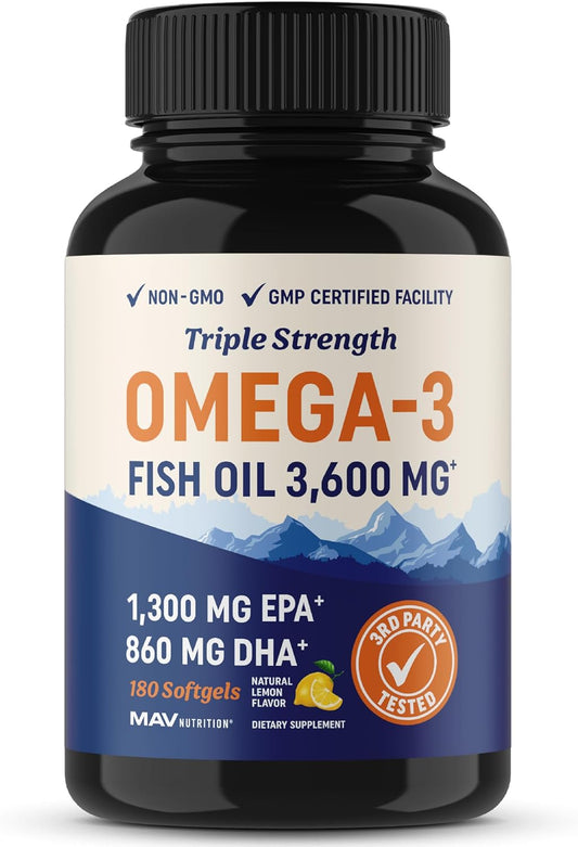 Triple Strength Omega 3 Fish Oil | 3600 mg EPA & DHA | Over 2,000mg of Omega-3 Fatty Acids | Over 1,200mg EPA + 800mg DHA | Best Essential Fatty Acids | Premium Burpless Softgel Supplements (180 Ct) MAV Nutrition