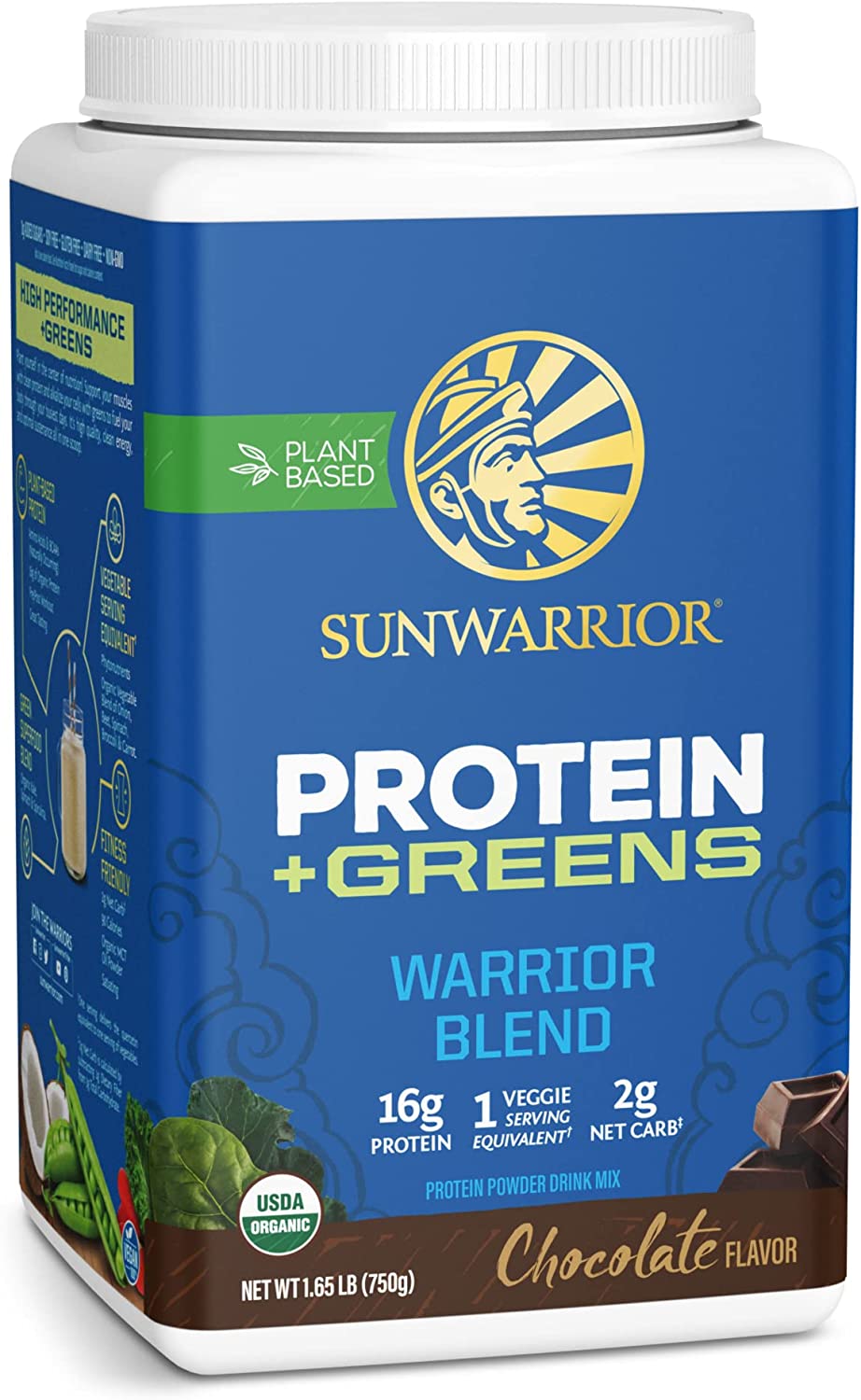 Vegan Protein Powder with BCAA | Organic Hemp Seed Protein Gluten Free Non-GMO Dairy Free Soy Sugar Free Low Carb Plant Based Protein Powder | Chocolate 30 Servings 750 G | Warrior Blend Plus Greens Sunwarrior