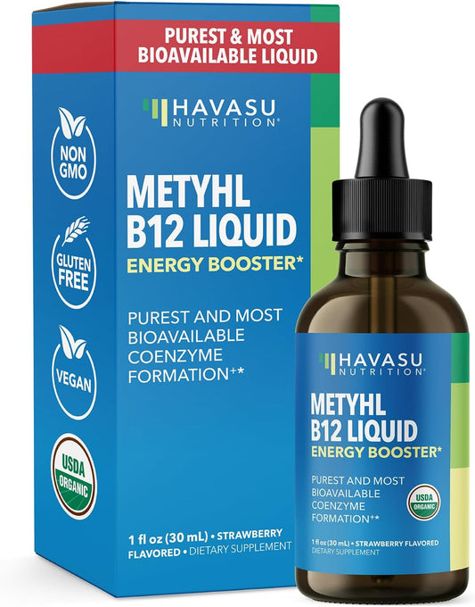 Organic Methyl B12 Liquid Drops | Methylcobalamin B12 Vitamin Energy Boost | Methylated B12 Purest & Most Bioavailable Form for B12 Pathway | Brain & Nerve | Non-GMO, Vegan, Strawberry Flavored, 30mL Havasu Nutrition