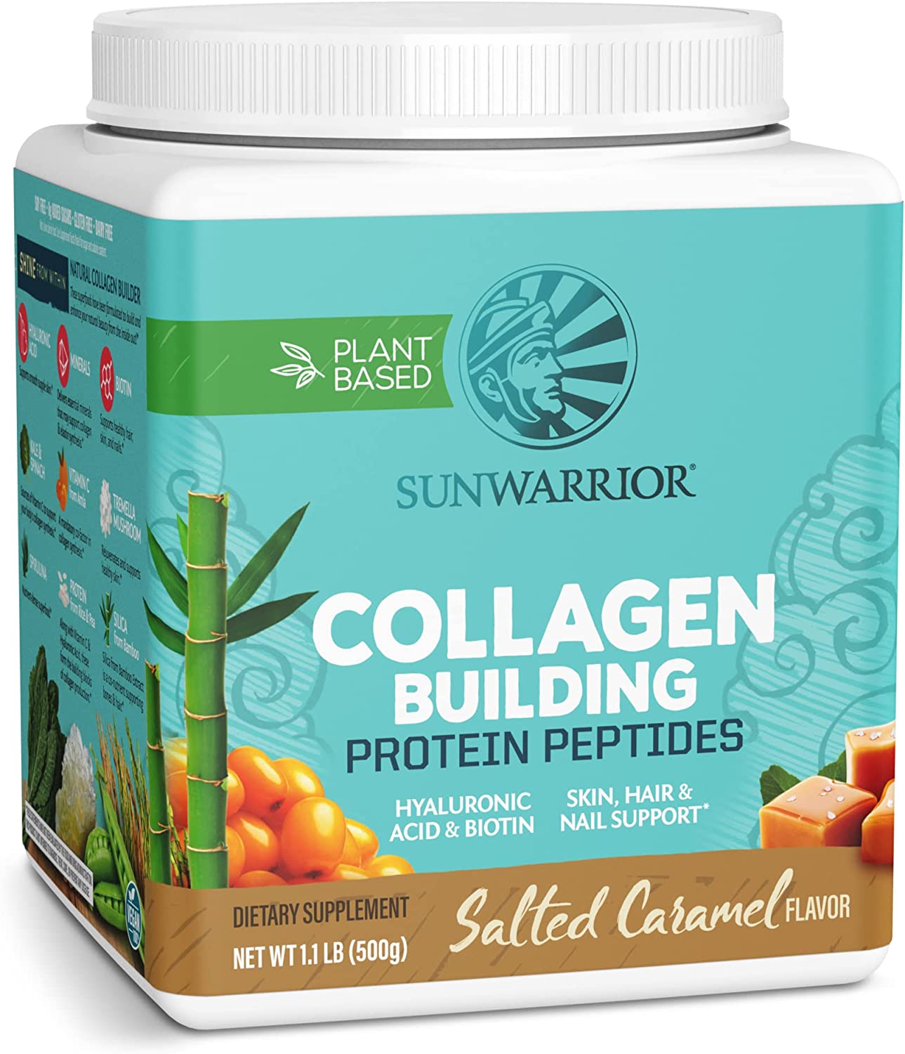 Sunwarrior Vegan Collagen Building Powder Protein Peptide with Biotin Vitamin C Hyaluronic Acid Collagen Protein Powder for Hair Skin Nail Dairy Free Gluten Free | Salted Caramel Collagen Powder Sunwarrior