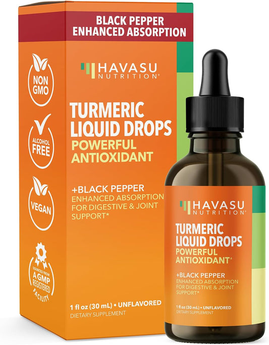 Organic Liquid Turmeric Curcumin with Black Pepper Supplement | Liquid Turmeric 1000mg Enhanced Absorption for Digestive & Joint Support | Non-GMO, Vegan Turmeric Curcumin Supplement, Unflavored, 30mL Havasu Nutrition