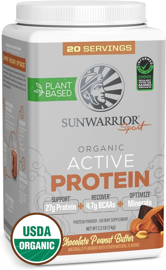 Vegan Protein Powder Plant-Based USDA Organic BCAAs | 27g Protein per Serving | Sugar Free, Gluten Free Non-GMO Dairy Free | Peanut Butter Chocolate Flavored, 20 Servings | Active Sport Protein Powder Sunwarrior