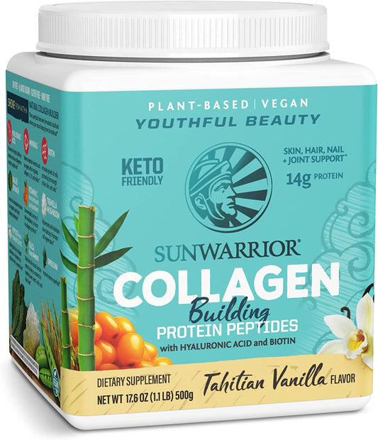 Collagen Peptides Powder with Biotin & Hyaluronic Acid | Vegan Protein Powder for Skin Hair Nail Support Plant Based Keto Non GMO Gluten Free | Vanilla Sunwarrior