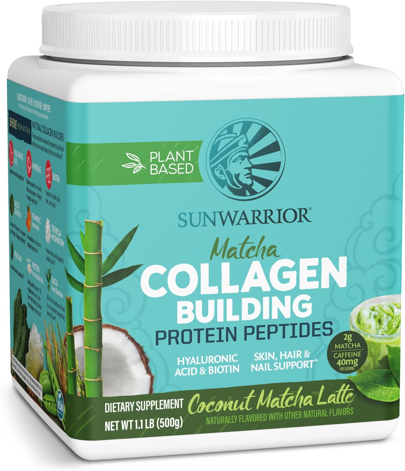 Sunwarrior Vegan Matcha Collagen Building Powder Peptide Protein | Biotin Vitamin C Hyaluronic Acid Collagen for Hair Skin & Nails | Dairy Free Gluten Free | 20 Servings Coconut Matcha Latte Sunwarrior