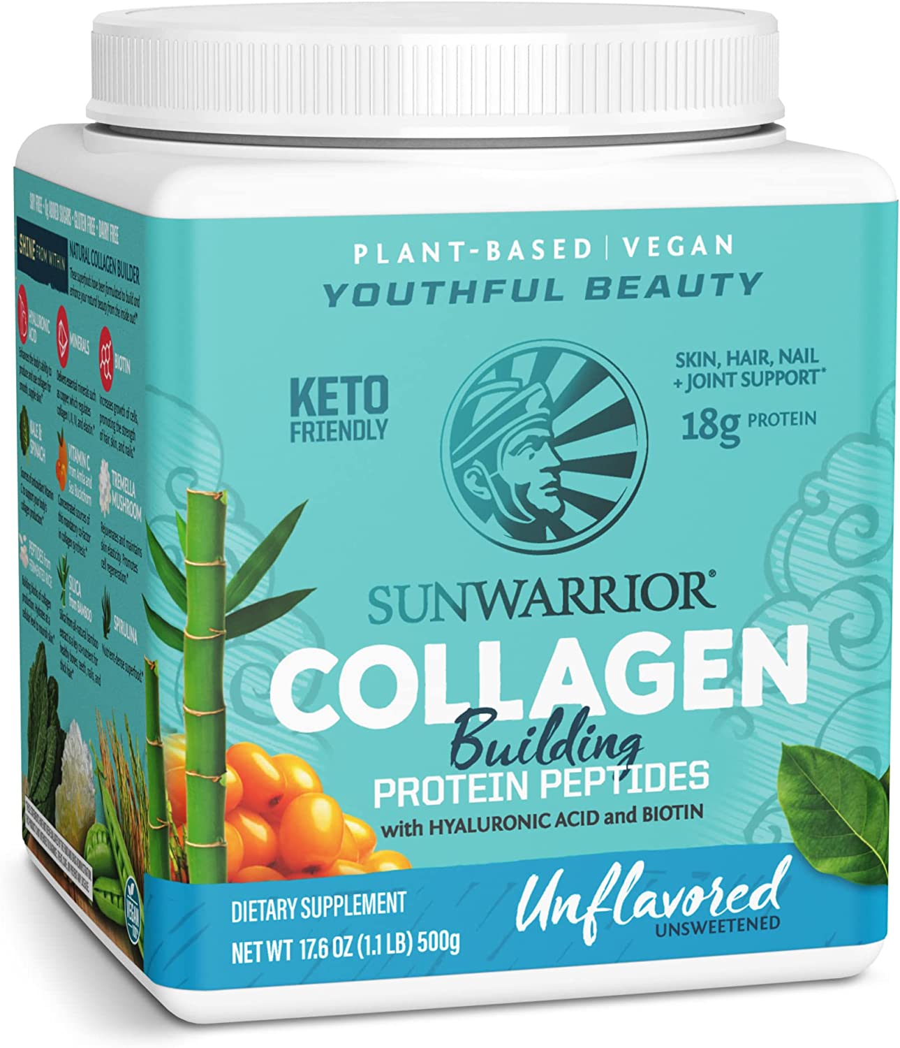 Collagen Peptides Powder with Biotin & Hyaluronic Acid | Vegan Protein Powder for Skin Hair Nail Support Plant Based Keto Non GMO Gluten Free | Unflavored Sunwarrior