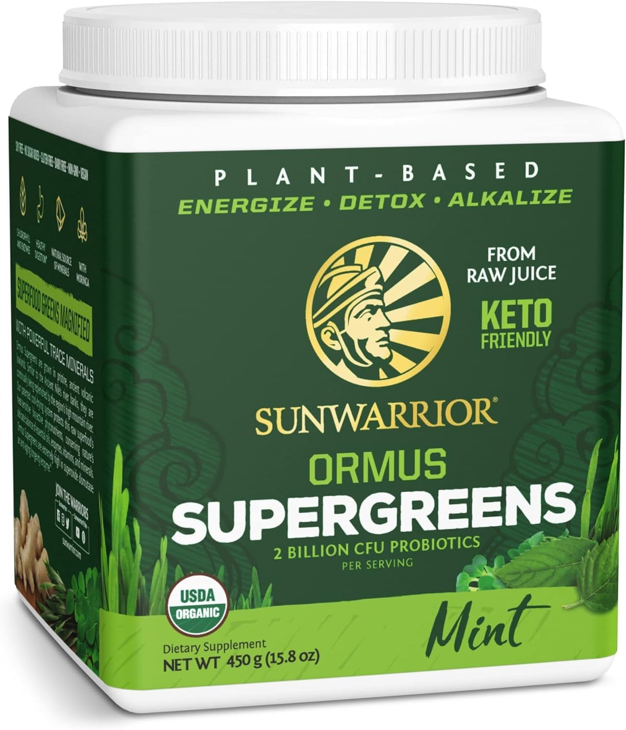 Sunwarrior Vegan Organic Greens Probiotic Powder | 2 Billion CFU Probiotics Organic Raw Juice Soy Free Gluten Free Dairy Free Sugar Free Kosher | Mint 90 Servings | Ormus Supergreens Sunwarrior