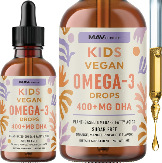 Vegan Omega 3 Liquid Drops for Kids with Algae Oil & Vegan DHA | Immune, Eye, Brain & Joint Support for Children Age 2+ | 410mg DHA & 430mg Omega 3 | Non-GMO, Third-Party Tested | 1 Fl Oz, 30 Servings MAV Nutrition