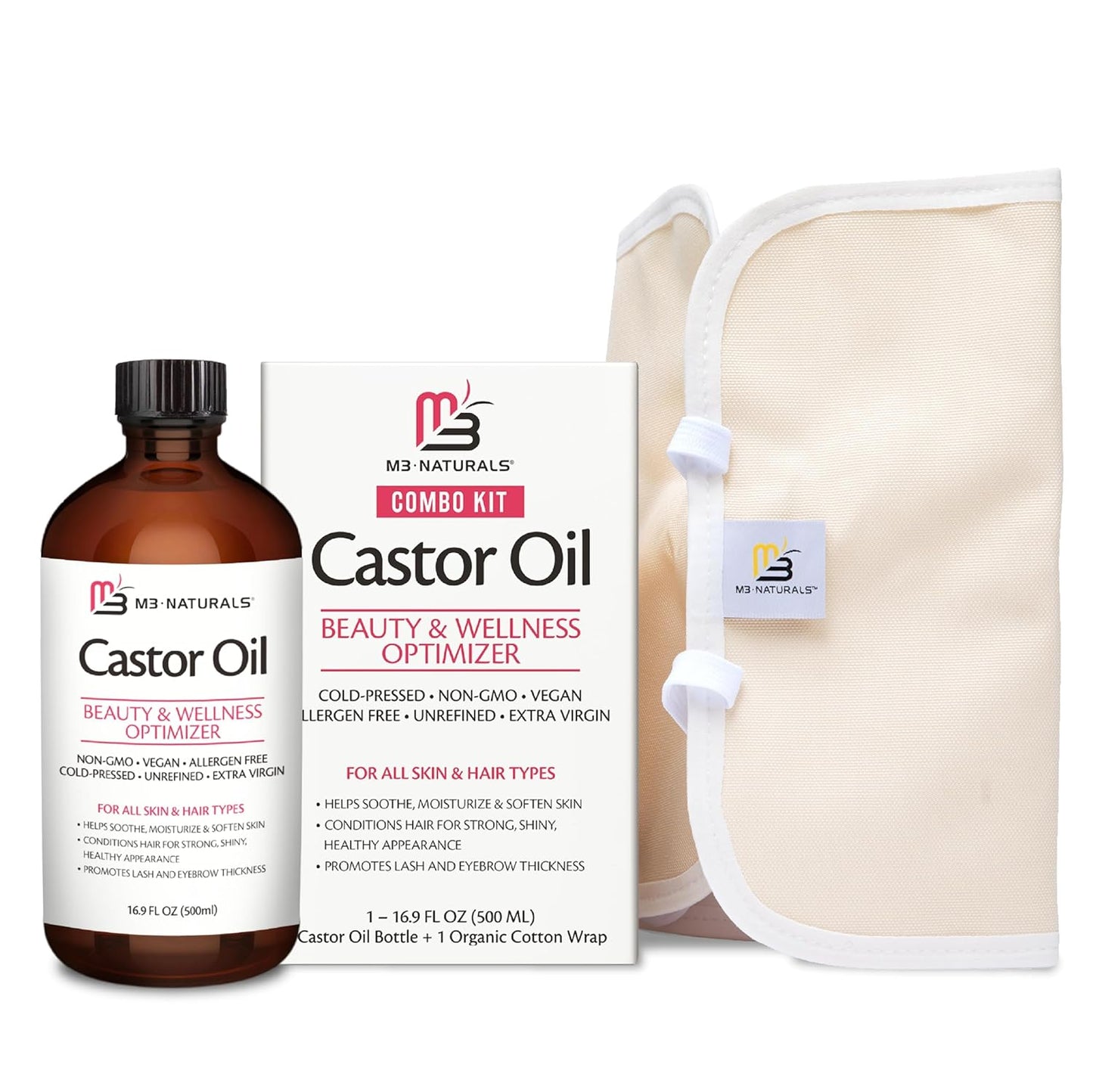 Pure Castor Oil Pack Kit - Large Hexane Free Cold Pressed Castor Oil in Glass Bottle Plus Adjustable and Reusable Organic Cotton Castor Oil Wrap Kit for Detox & Wellness Practices (1 of Each) M3 Naturals