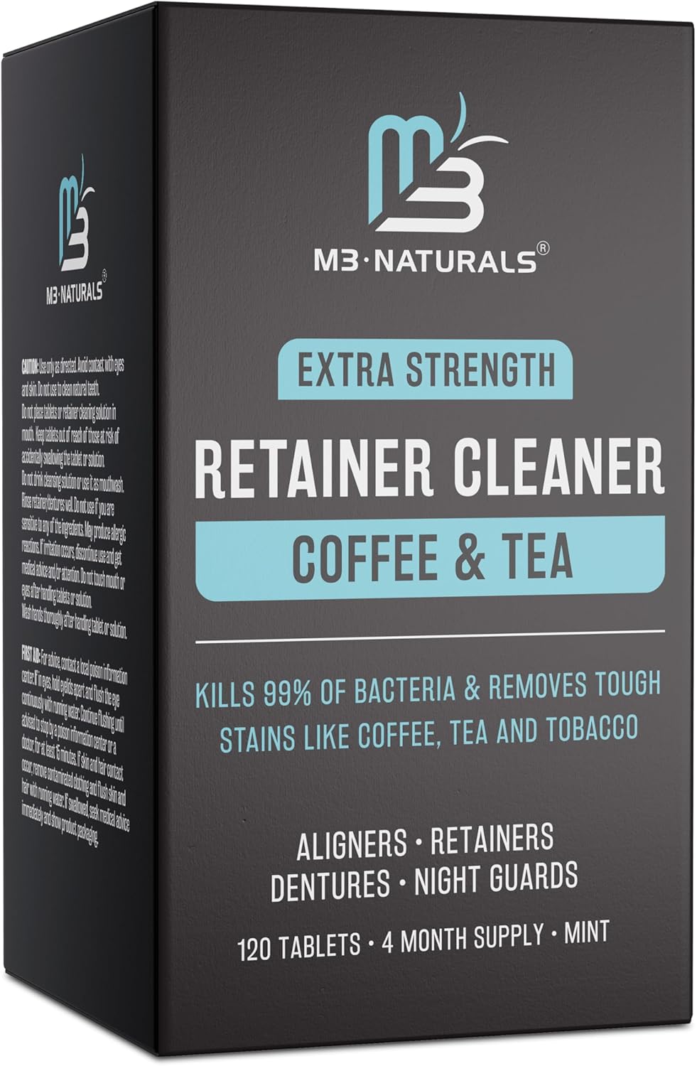 M3 Naturals Coffee and Tea Retainer Cleaner Tablets | Remove Odors, Stains, and Plaque | 4 Month Supply | FSA HSA Approved | Denture Cleanser for Coffee and Tea Lovers M3 Naturals