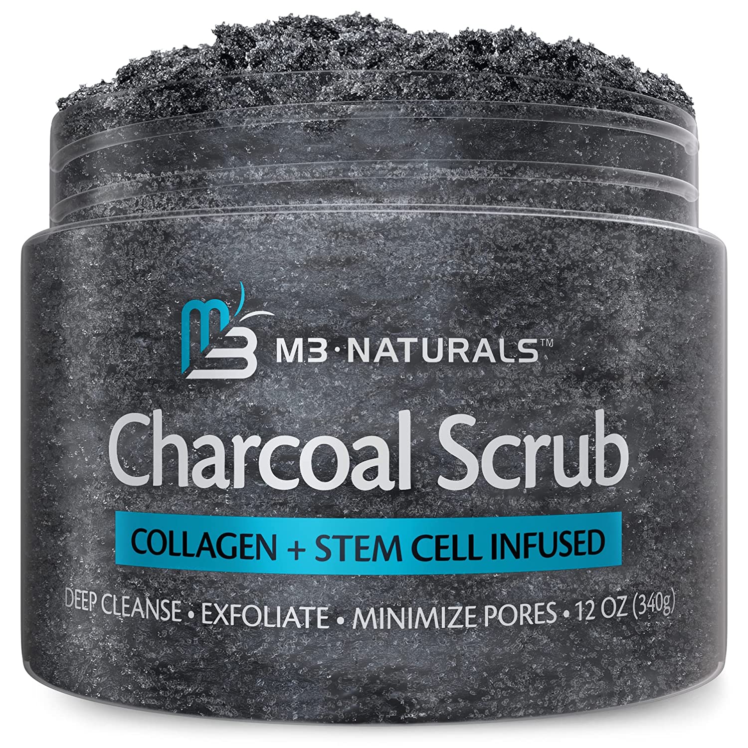 M3 Naturals Charcoal Exfoliating Body Scrub Polish with Collagen & Stem Cell Gentle Body Exfoliator Face Scrub Bump Eraser Booty Scrub Best Shower Scrub Skin Exfoliant for Men & Women 12 oz M3 Naturals